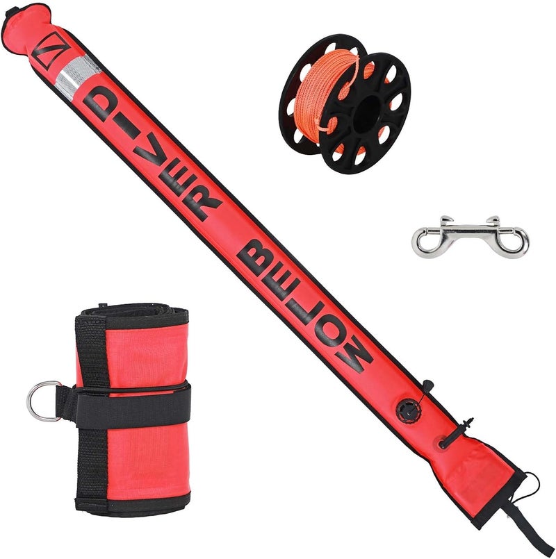 JUSTOOP Store 5ft Surface Marker Buoy Set, Inflatable Scuba Signal Tube with Reflective Strip, Scuba Diving Open Bottom Float (SMB) for Underwater Diving Snorkeling with 100ft Diving Spool Reel and Clip - Image 1